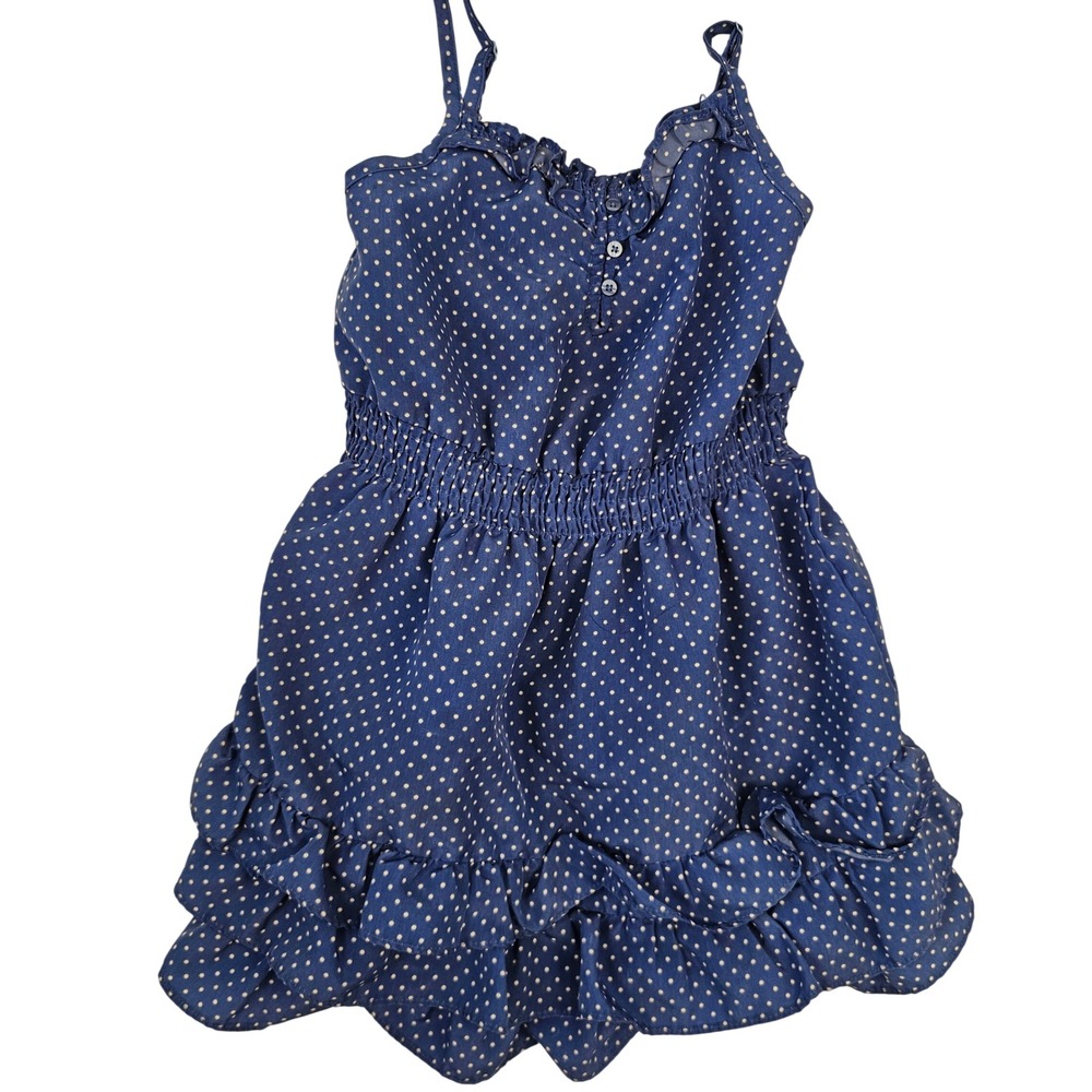 Cherokee Girls Blue White Polka Dot Ruffle Smocked Dress Size M 7/8